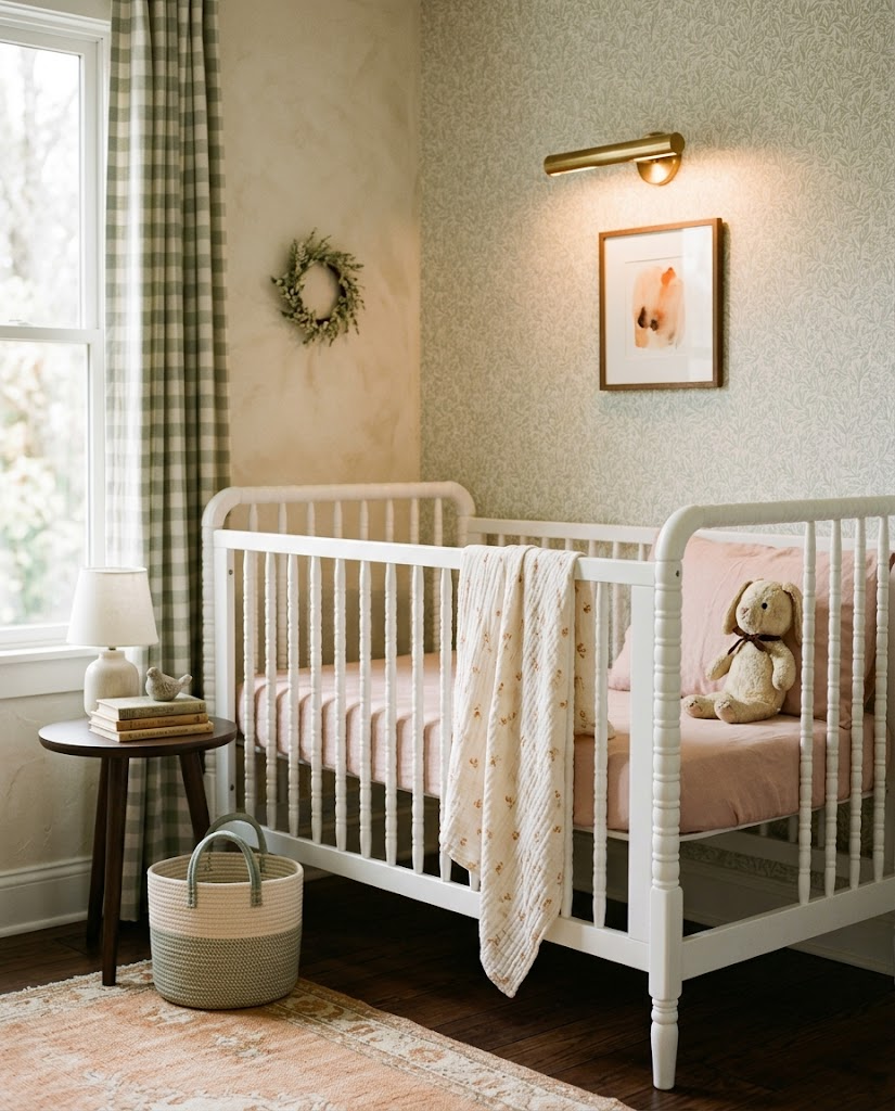 The spindle crib and soft bedding